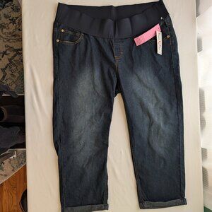 Maternity Jeans 1X Dark Wash Cropped Capri Cuffed Pull On Belly Band (XL) NWT